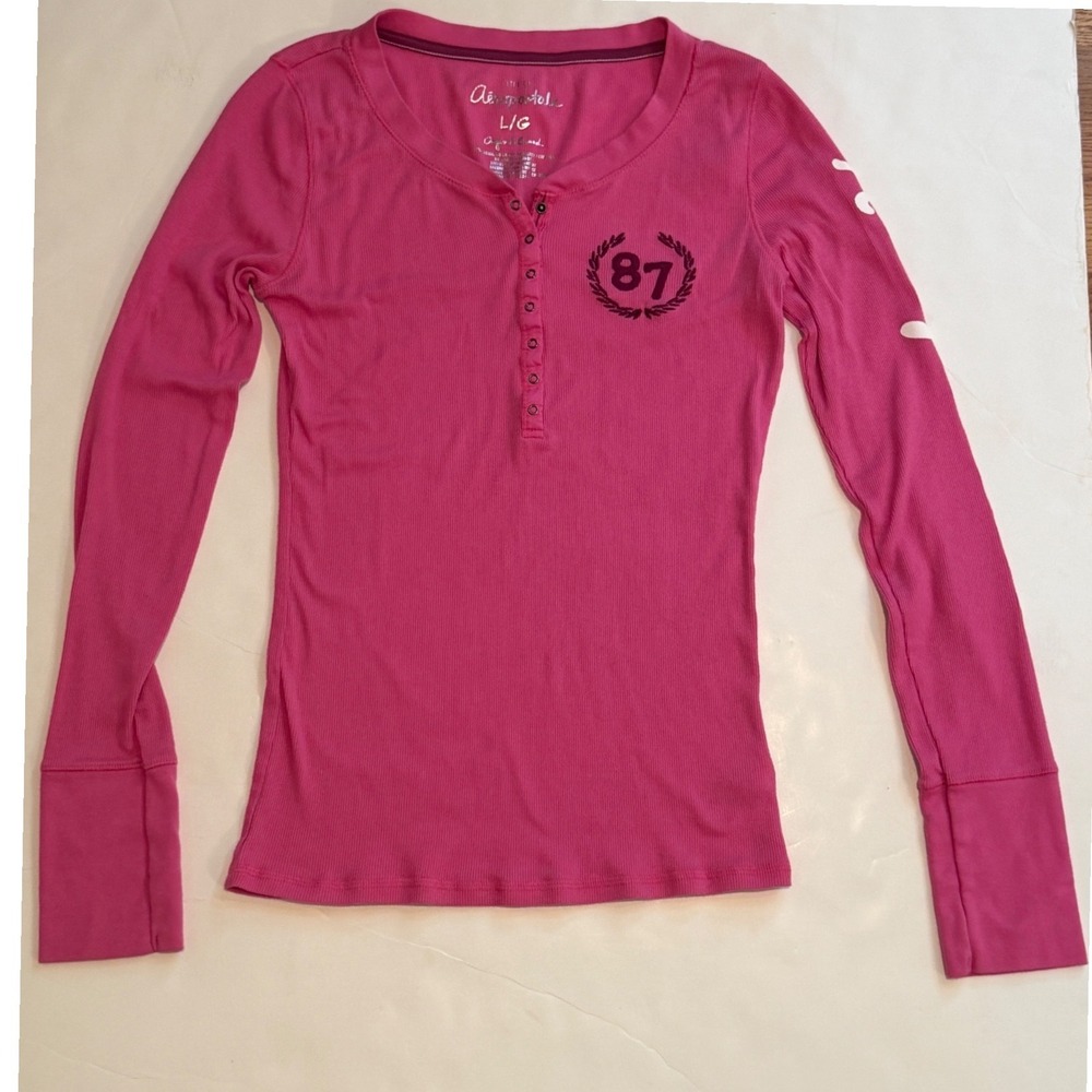 Aeropostale Pink Ribbed Henley Long Sleeve Graphic Shirt 87 Logo Large - Picture 1 of 6